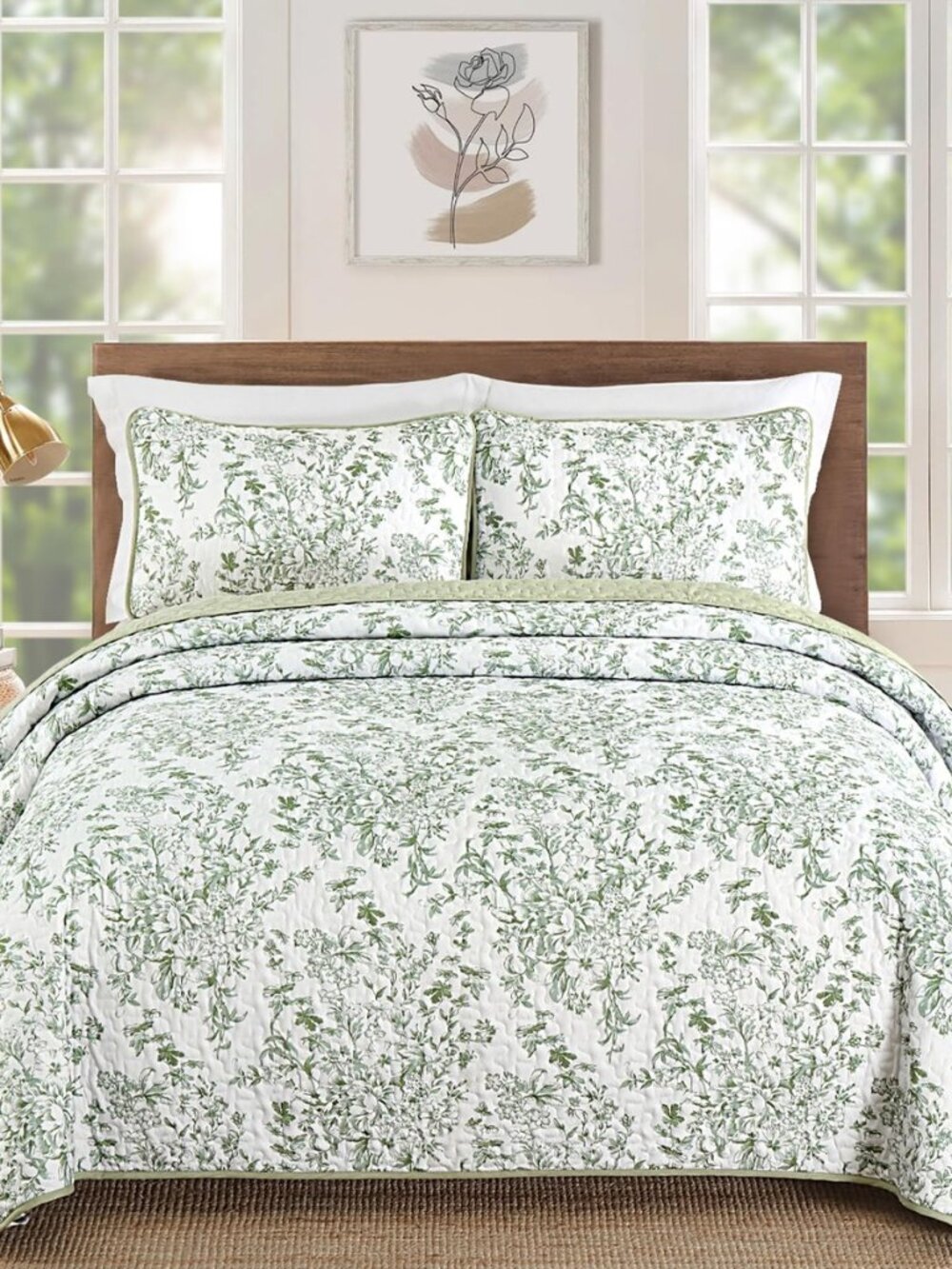 California King Quilt Set, Sage Green Botanical Lightweight